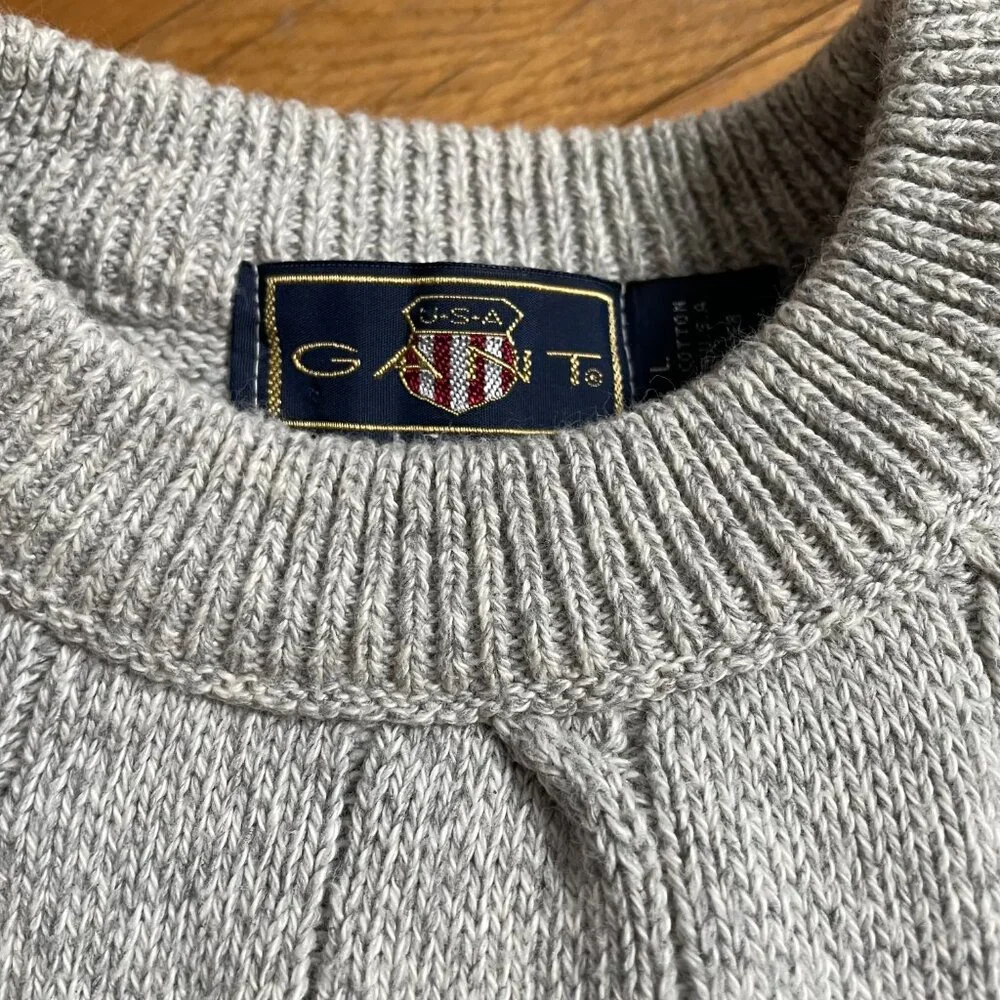 Vintage GANT USA Grey Cable Knit Sweater - Old Money Aesthetic L